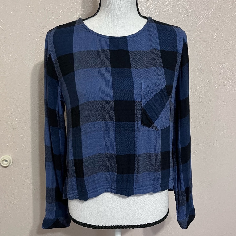 Cloth & Stone Anthropologie Blue Plaid Lace-up Back Top Womens Size Small